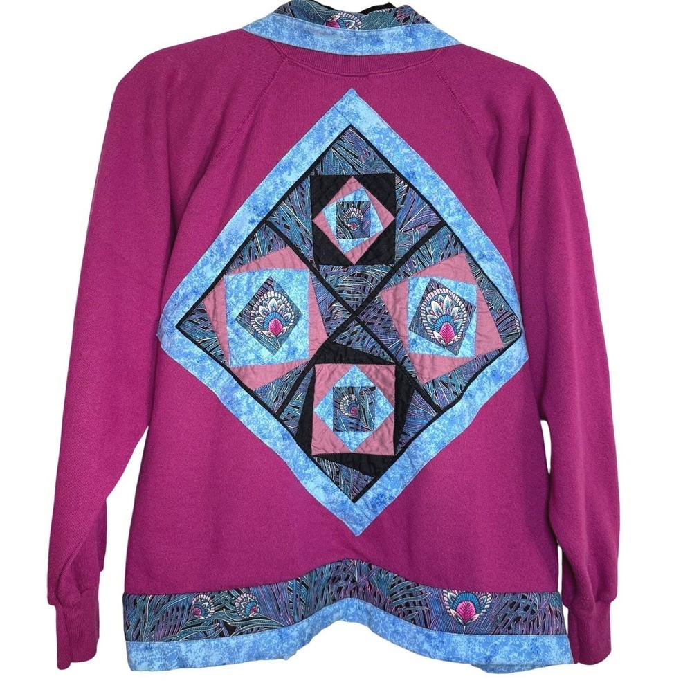 Vintage Quilted Patchwork JE Morgan Fleecewise Cardigan Jacket M Magenta Peacock - Picture 2 of 12